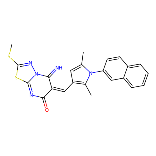 (6E)-6-[(2,5-dimethyl-1-naphthalen-2-ylpyrrol-3-yl)methylidene]-5-imino-2-methylsulfanyl-[1,3,4]thiadiazolo[3,2-a]pyrimidin-7-one structure