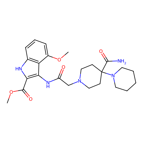 methyl 3-(2-(4'-carbamoyl-[1,4'-bipiperidin]-1'-yl)acetamido)-4-methoxy-1H-indole-2-carboxylate structure