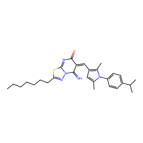 (6E)-6-({2,5-dimethyl-1-[4-(propan-2-yl)phenyl]-1H-pyrrol-3-yl}methylidene)-2-heptyl-5-imino-5,6-dihydro-7H-[1,3,4]thiadiazolo[3,2-a]pyrimidin-7-one structure