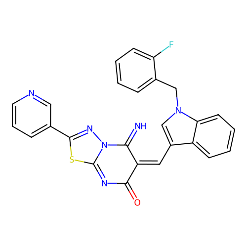 (6E)-6-[[1-[(2-fluorophenyl)methyl]indol-3-yl]methylidene]-5-imino-2-pyridin-3-yl-[1,3,4]thiadiazolo[3,2-a]pyrimidin-7-one structure
