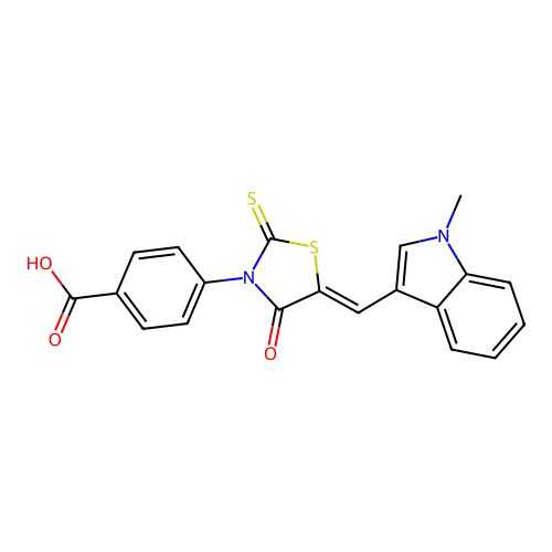 4-{(5Z)-5-[(1-methyl-1H-indol-3-yl)methylidene]-4-oxo-2-thioxo-1,3-thiazolidin-3-yl}benzoic acid structure
