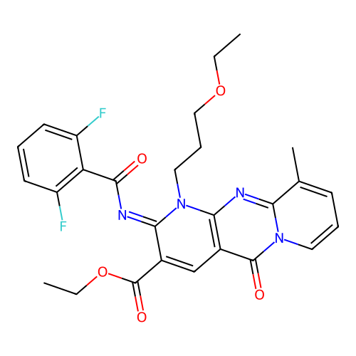 (Z)-ethyl 2-((2,6-difluorobenzoyl)imino)-1-(3-ethoxypropyl)-10-methyl-5-oxo-2,5-dihydro-1H-dipyrido[1,2-a:2',3'-d]pyrimidine-3-carboxylate structure