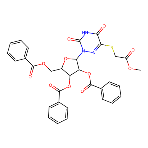 [3,4-dibenzoyloxy-5-[6-(2-methoxy-2-oxoethyl)sulfanyl-3,5-dioxo-1,2,4-triazin-2-yl]oxolan-2-yl]methyl benzoate structure