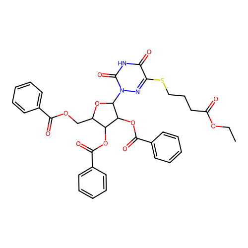 [3,4-dibenzoyloxy-5-[6-(4-ethoxy-4-oxobutyl)sulfanyl-3,5-dioxo-1,2,4-triazin-2-yl]oxolan-2-yl]methyl benzoate structure