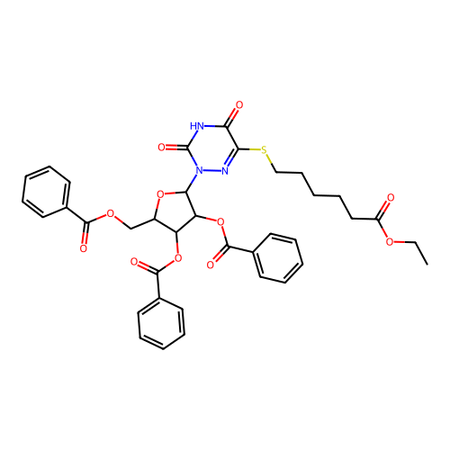 [3,4-dibenzoyloxy-5-[6-(6-ethoxy-6-oxohexyl)sulfanyl-3,5-dioxo-1,2,4-triazin-2-yl]oxolan-2-yl]methyl benzoate structure