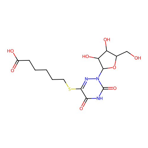 6-[[2-[3,4-dihydroxy-5-(hydroxymethyl)oxolan-2-yl]-3,5-dioxo-1,2,4-triazin-6-yl]sulfanyl]hexanoic acid structure