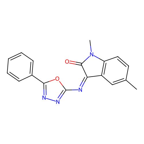 1,5-Dimethyl-3-[(5-phenyl-1,3,4-oxadiazol-2-yl)imino]indol-2-one structure