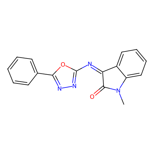 1-Methyl-3-[(5-phenyl-1,3,4-oxadiazol-2-yl)imino]indol-2-one structure