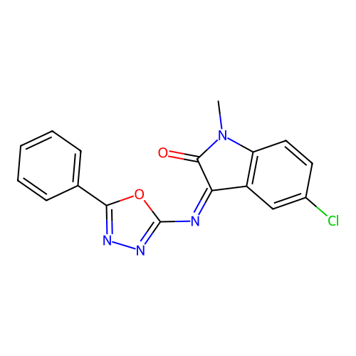 5-Chloro-1-methyl-3-[(5-phenyl-1,3,4-oxadiazol-2-yl)imino]indol-2-one structure