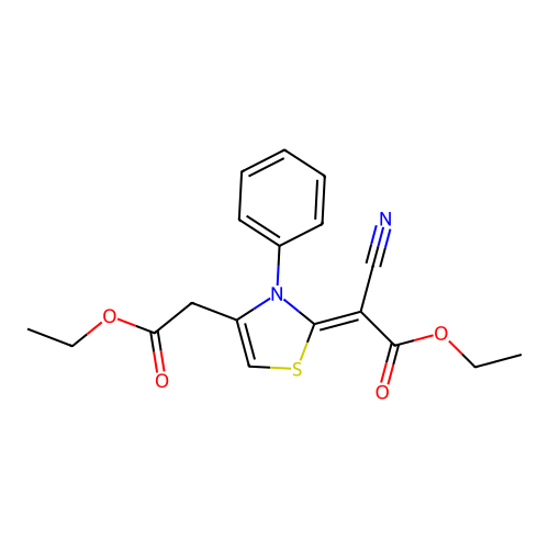 Ethyl 2-cyano-2-[4-(2-ethoxy-2-oxoethyl)-3-phenyl-1,3-thiazol-2-ylidene]acetate structure