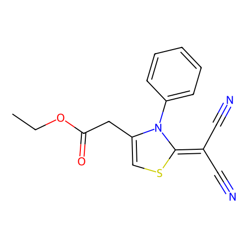 Ethyl 2-[2-(dicyanomethylidene)-3-phenyl-1,3-thiazol-4-yl]acetate structure