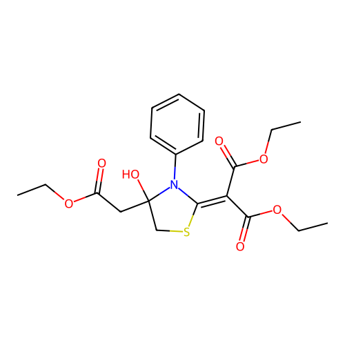 Diethyl [4-(2-ethoxy-2-oxoethyl)-4-hydroxy-3-phenyl-1,3-thiazolidin-2-ylidene]propanedioate structure