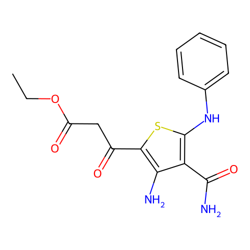 Ethyl 3-(3-amino-5-anilino-4-carbamoylthiophen-2-yl)-3-oxopropanoate structure