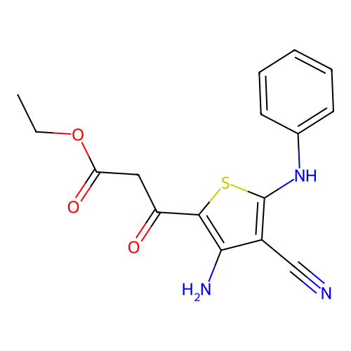 Ethyl 3-(3-amino-5-anilino-4-cyanothiophen-2-yl)-3-oxopropanoate structure