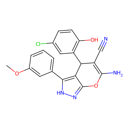 6-amino-4-(5-chloro-2-hydroxyphenyl)-3-(3-methoxyphenyl)-2,4-dihydropyrano[2,3-c]pyrazole-5-carbonitrile structure