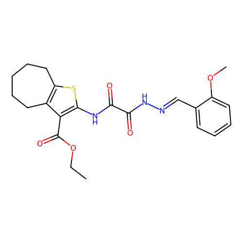 (E)-ethyl 2-(2-(2-(2-methoxybenzylidene)hydrazinyl)-2-oxoacetamido)-5,6,7,8-tetrahydro-4H-cyclohepta[b]thiophene-3-carboxylate structure