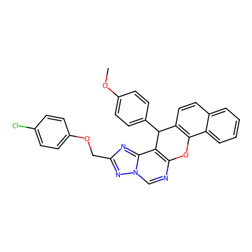 2-[(4-chlorophenoxy)methyl]-14-(4-methoxyphenyl)-14H-benzo[7,8]chromeno[3,2-e][1,2,4]triazolo[1,5-c]pyrimidine structure