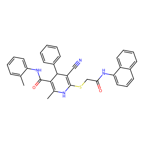 5-cyano-2-methyl-6-((2-(naphthalen-1-ylamino)-2-oxoethyl)thio)-4-phenyl-N-(o-tolyl)-1,4-dihydropyridine-3-carboxamide structure