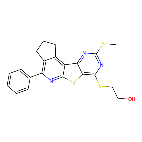 2-((9-(methylthio)-4-phenyl-2,3-dihydro-1H-cyclopenta[4',5']pyrido[3',2':4,5]thieno[3,2-d]pyrimidin-7-yl)thio)ethanol structure
