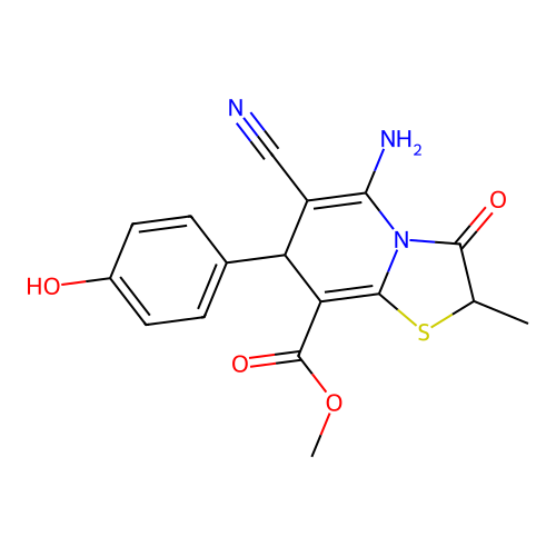 methyl 5-amino-6-cyano-7-(4-hydroxyphenyl)-2-methyl-3-oxo-2,3-dihydro-7H-[1,3]thiazolo[3,2-a]pyridine-8-carboxylate structure