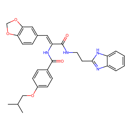 (Z)-N-(3-((2-(1H-benzo[d]imidazol-2-yl)ethyl)amino)-1-(benzo[d][1,3]dioxol-5-yl)-3-oxoprop-1-en-2-yl)-4-isobutoxybenzamide structure