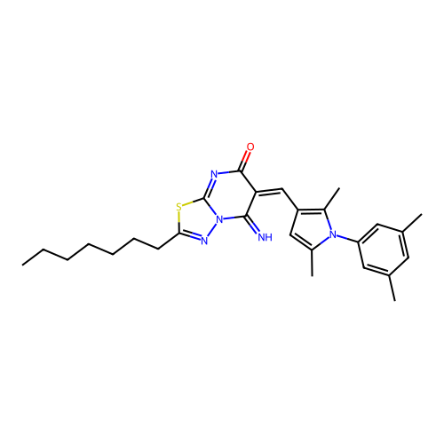 (6E)-6-[[1-(3,5-dimethylphenyl)-2,5-dimethylpyrrol-3-yl]methylidene]-2-heptyl-5-imino-[1,3,4]thiadiazolo[3,2-a]pyrimidin-7-one structure