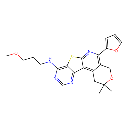 (5-Furan-2-yl-2,2-dimethyl-1,4-dihydro-2H-3-oxa-7-thia-6,9,11-triaza-benzo[c]fluoren-8-yl)-(3-methoxy-p ropyl)-amine structure