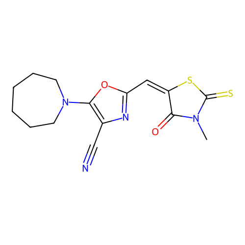 (E)-5-(azepan-1-yl)-2-((3-methyl-4-oxo-2-thioxothiazolidin-5-ylidene)methyl)oxazole-4-carbonitrile structure