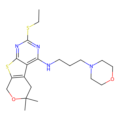 2-(ethylsulfanyl)-6,6-dimethyl-N-[3-(morpholin-4-yl)propyl]-5,8-dihydro-6H-pyrano[4',3':4,5]thieno[2,3-d]pyrimidin-4-amine structure