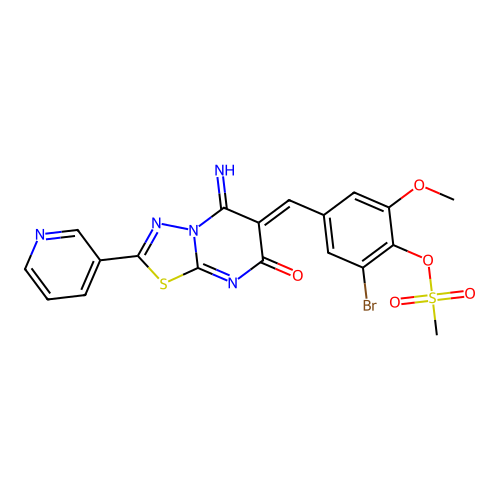 (Z)-2-bromo-4-((5-imino-7-oxo-2-(pyridin-3-yl)-5H-[1,3,4]thiadiazolo[3,2-a]pyrimidin-6(7H)-ylidene)methyl)-6-methoxyphenyl methanesulfonate structure