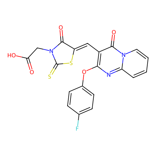 [(5Z)-5-{[2-(4-fluorophenoxy)-4-oxo-4H-pyrido[1,2-a]pyrimidin-3-yl]methylidene}-4-oxo-2-thioxo-1,3-thiazolidin-3-yl]acetic acid structure