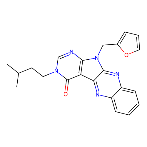 11-(furan-2-ylmethyl)-3-(3-methylbutyl)-3,11-dihydro-4H-pyrimido[5',4':4,5]pyrrolo[2,3-b]quinoxalin-4-one structure