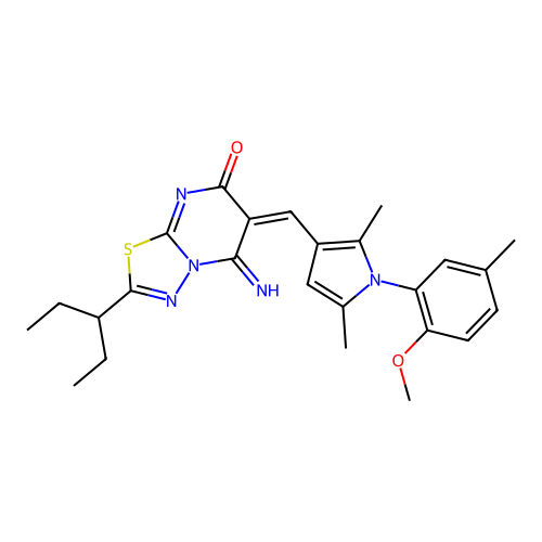 (E)-5-imino-6-((1-(2-methoxy-5-methylphenyl)-2,5-dimethyl-1H-pyrrol-3-yl)methylene)-2-(pentan-3-yl)-5H-[1,3,4]thiadiazolo[3,2-a]pyrimidin-7(6H)-one structure