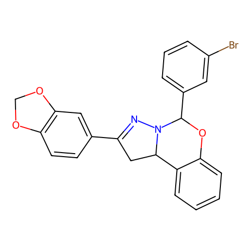 2-(1,3-benzodioxol-5-yl)-5-(3-bromophenyl)-1,10b-dihydropyrazolo[1,5-c][1,3]benzoxazine structure