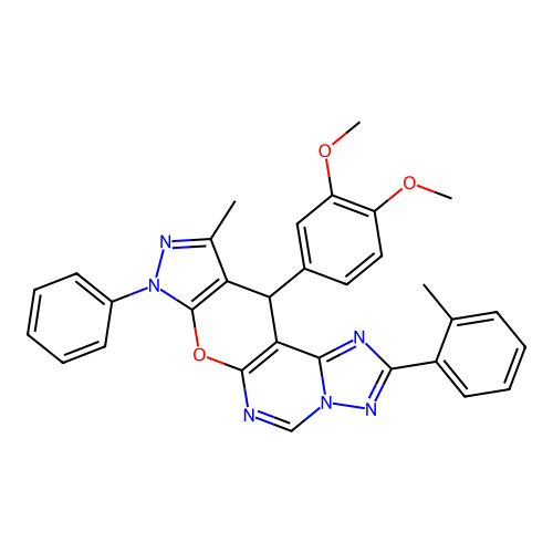 11-(3,4-dimethoxyphenyl)-10-methyl-2-(2-methylphenyl)-8-phenyl-8,11-dihydropyrazolo[4',3':5,6]pyrano[3,2-e][1,2,4]triazolo[1,5-c]pyrimidine structure