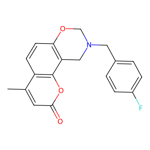 9-(4-fluorobenzyl)-4-methyl-9,10-dihydro-2H,8H-chromeno[8,7-e][1,3]oxazin-2-one structure