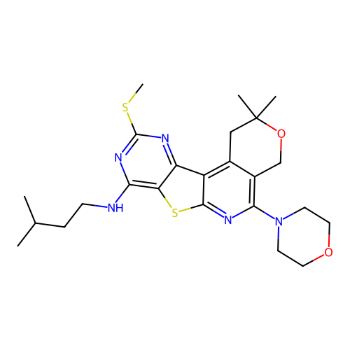2,2-dimethyl-N-(3-methylbutyl)-10-(methylsulfanyl)-5-(morpholin-4-yl)-1,4-dihydro-2H-pyrano[4'',3'':4',5']pyrido[3',2':4,5]thieno[3,2-d]pyrimidin-8-amine structure