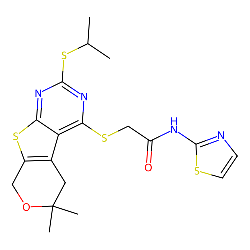 2-((2-(isopropylthio)-6,6-dimethyl-6,8-dihydro-5H-pyrano[4',3':4,5]thieno[2,3-d]pyrimidin-4-yl)thio)-N-(thiazol-2-yl)acetamide structure