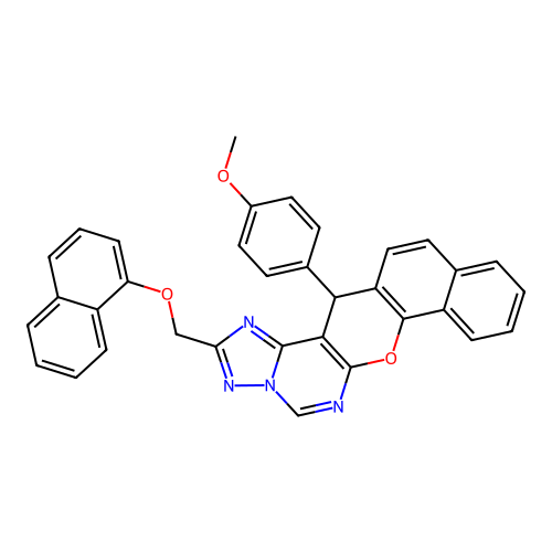 14-(4-methoxyphenyl)-2-[(naphthalen-1-yloxy)methyl]-14H-benzo[7,8]chromeno[3,2-e][1,2,4]triazolo[1,5-c]pyrimidine structure