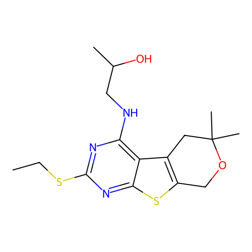 1-((2-(ethylthio)-6,6-dimethyl-6,8-dihydro-5H-pyrano[4',3':4,5]thieno[2,3-d]pyrimidin-4-yl)amino)propan-2-ol structure