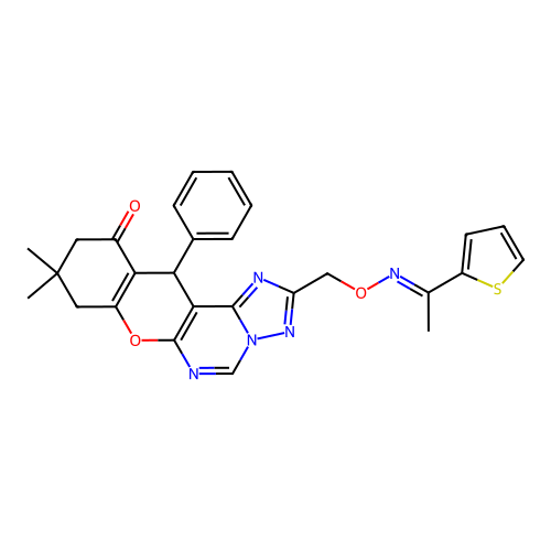 9,9-dimethyl-12-phenyl-2-[({[(1E)-1-(thiophen-2-yl)ethylidene]amino}oxy)methyl]-8,9,10,12-tetrahydro-11H-chromeno[3,2-e][1,2,4]triazolo[1,5-c]pyrimidin-11-one structure