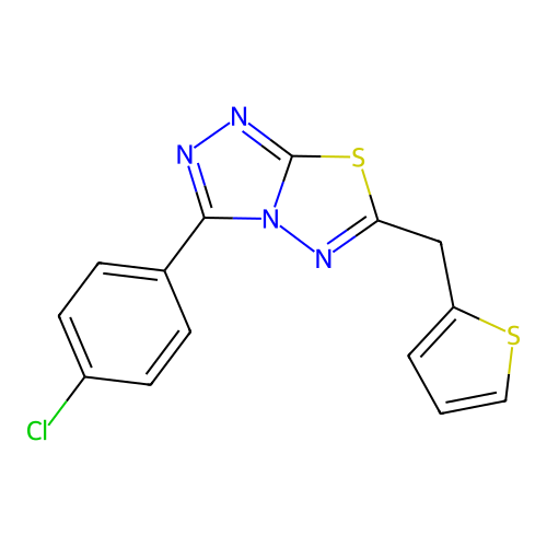 3-(4-chlorophenyl)-6-(thiophen-2-ylmethyl)-[1,2,4]triazolo[3,4-b][1,3,4]thiadiazole structure