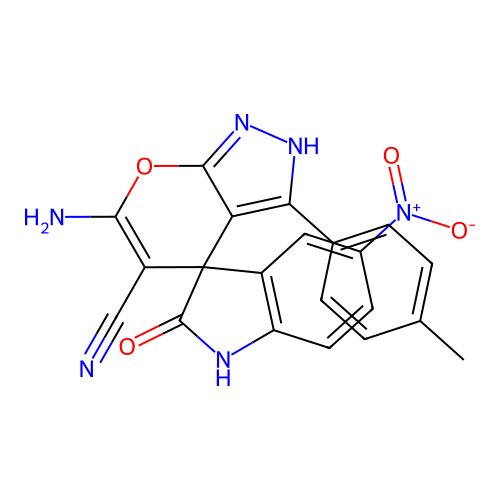 6'-amino-3'-(4-methylphenyl)-5-nitro-2-oxo-1,2-dihydro-2'H-spiro[indole-3,4'-pyrano[2,3-c]pyrazole]-5'-carbonitrile structure
