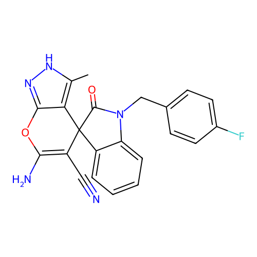 6'-amino-1-(4-fluorobenzyl)-3'-methyl-2-oxo-1'H-spiro[indoline-3,4'-pyrano[2,3-c]pyrazole]-5'-carbonitrile structure