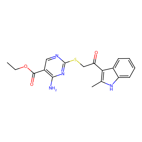 ethyl 4-amino-2-((2-(2-methyl-1H-indol-3-yl)-2-oxoethyl)thio)pyrimidine-5-carboxylate structure