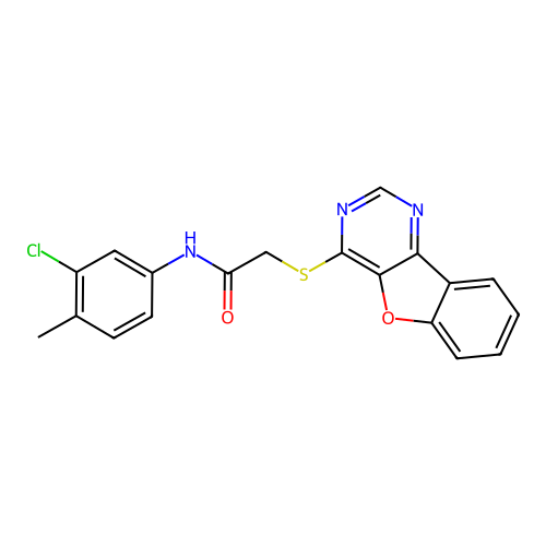 2-(benzofuro[3,2-d]pyrimidin-4-ylthio)-N-(3-chloro-4-methylphenyl)acetamide structure