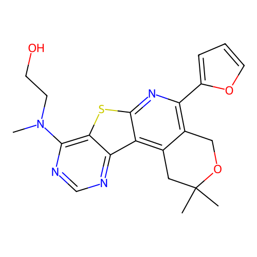 2-((5-(furan-2-yl)-2,2-dimethyl-2,4-dihydro-1H-pyrano[4'',3'':4',5']pyrido[3',2':4,5]thieno[3,2-d]pyrimidin-8-yl)(methyl)amino)ethanol structure