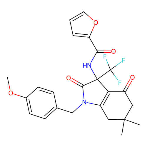 N-(1-(4-methoxybenzyl)-6,6-dimethyl-2,4-dioxo-3-(trifluoromethyl)-2,3,4,5,6,7-hexahydro-1H-indol-3-yl)furan-2-carboxamide structure