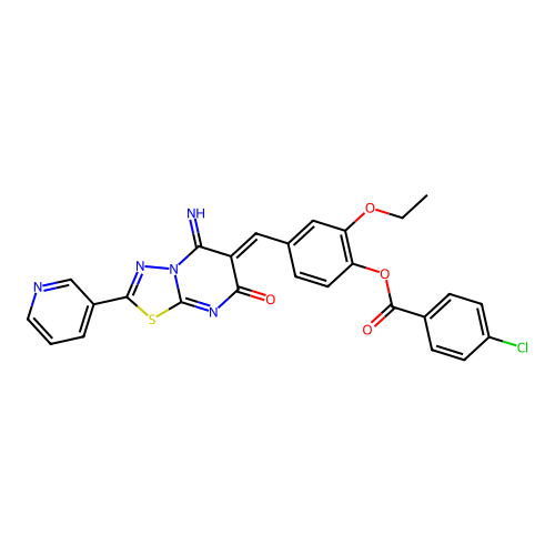 (Z)-2-ethoxy-4-((5-imino-7-oxo-2-(pyridin-3-yl)-5H-[1,3,4]thiadiazolo[3,2-a]pyrimidin-6(7H)-ylidene)methyl)phenyl 4-chlorobenzoate structure
