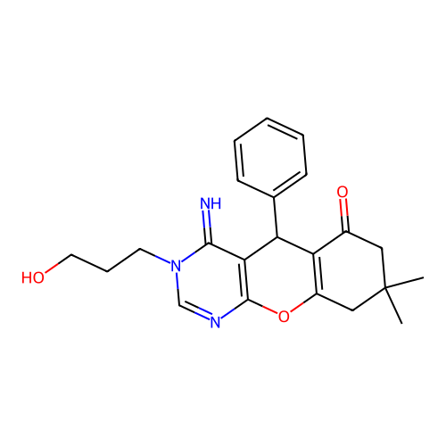 3-(3-hydroxypropyl)-4-imino-8,8-dimethyl-5-phenyl-3,4,5,7,8,9-hexahydro-6H-chromeno[2,3-d]pyrimidin-6-one structure
